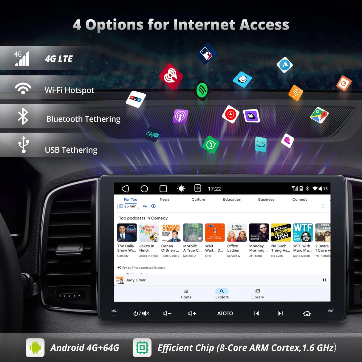 ATOTO A6G209PL 9" Double Din Car Stereo, QLED Display, 8-Core Android, 4G+64G, 4G LTE WiFi/BT/USB Tethering, Wireless CarPlay & Android Auto, MirrorLink, Dual Bluetooth, DSP, FM Radio, In-Dash Navigation