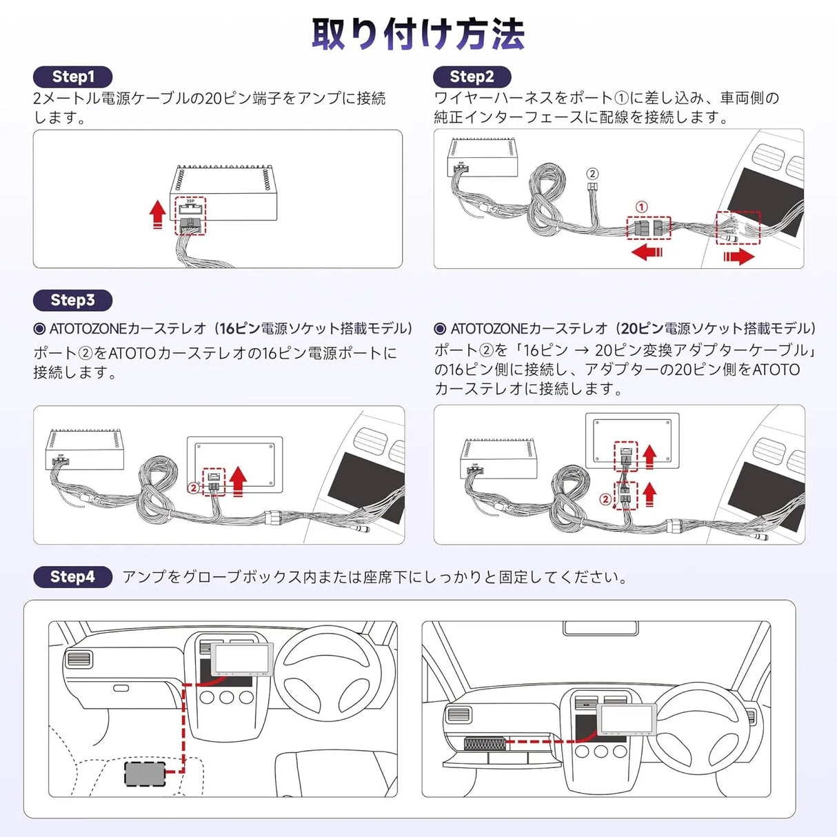 ATOTO CA-AEC122DL カーアンプ - クラスD 4チャンネル TI TPA3221、RMS 4x60W、6.5フィート電源ケーブル、カスタマイズ可能EQ、特定ATOTOZONEカーステレオと互換