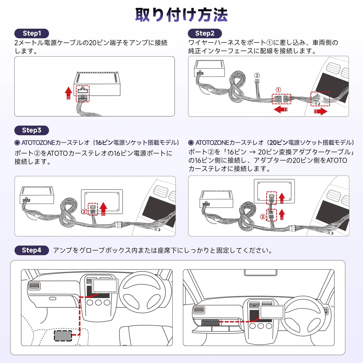 ATOTO CA-AEC122DL カーアンプ - クラスD 4チャンネル TI TPA3221、RMS 4x60W、6.5フィート電源ケーブル、カスタマイズ可能EQ、特定ATOTOZONEカーステレオと互換