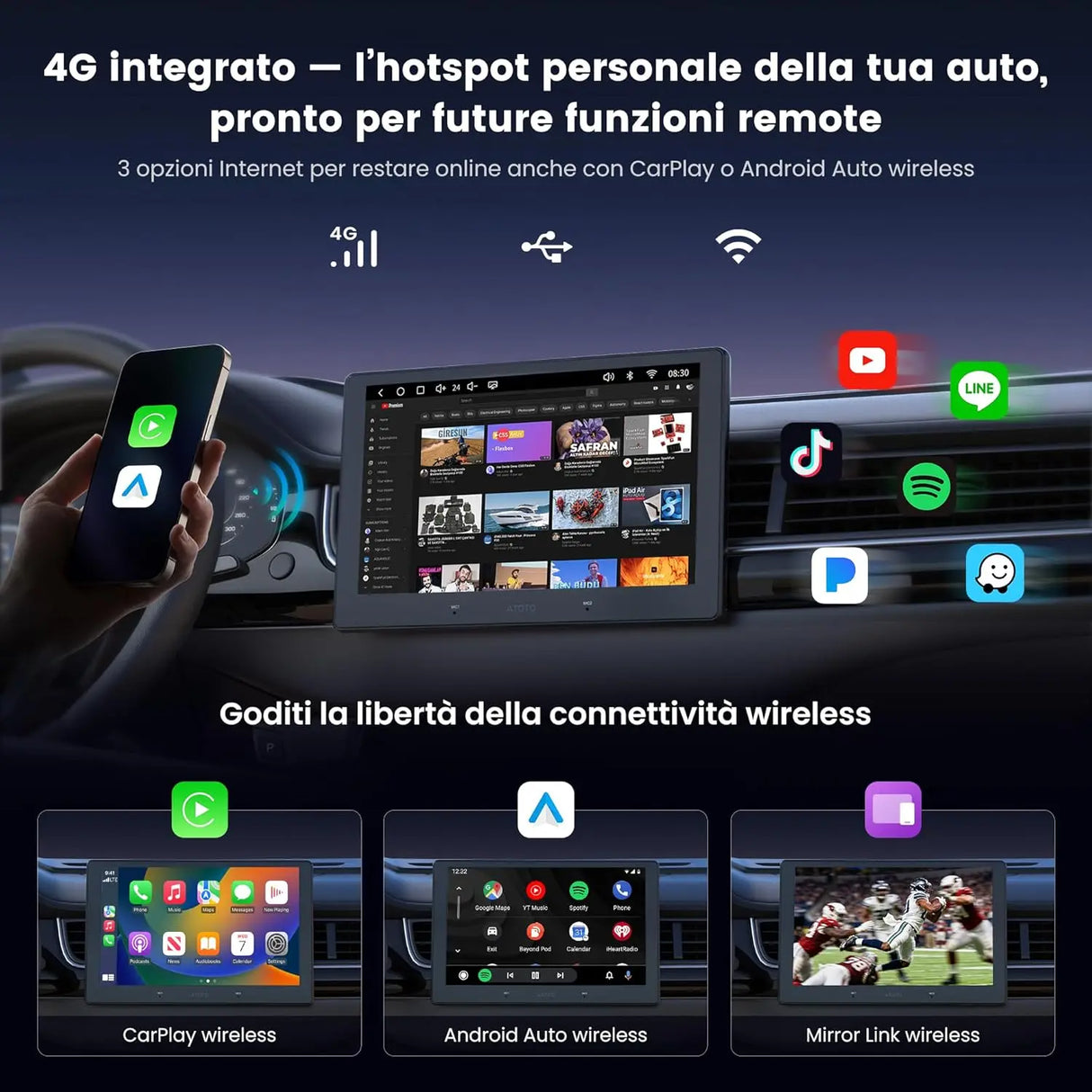 ATOTO S84G211P-S01 10,1 Pollici QLED Android Autoradio Doppio DIN, CarPlay e Android Auto wireless, 4G LTE, WiFi/USB-Tethering, Hi-Fi DSP con pre-uscita 4V, con telecamera per la retromarcia, 4G+64G