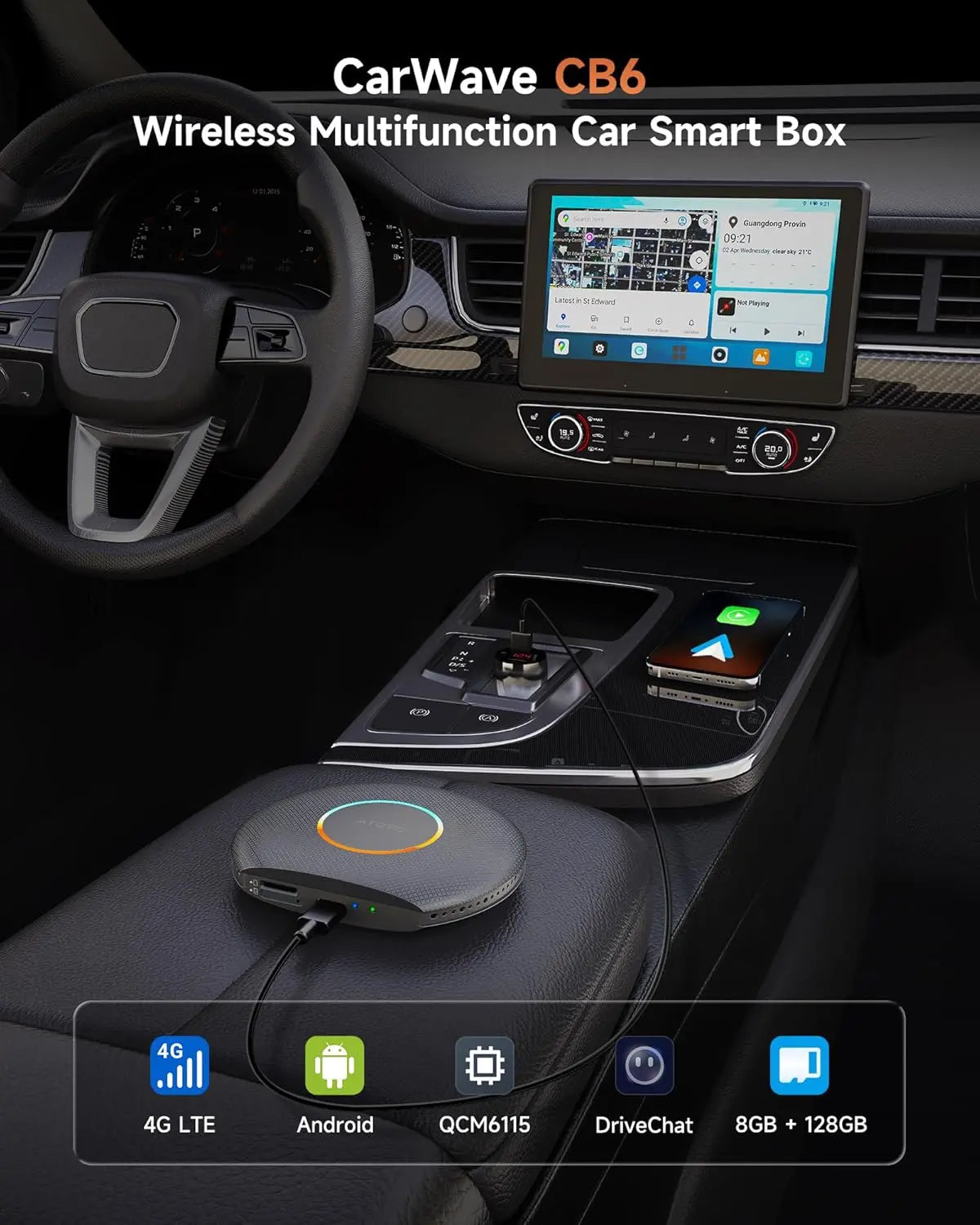 ATOTO CB6 2025 Upgrade Wireless CarPlay Adapter & Android AI Box, Plug & Play CarWave Smart Box with AI DriveChat, GPS Tracking, Android 13, 4G LTE, Dual Bluetooth, 8G+128G