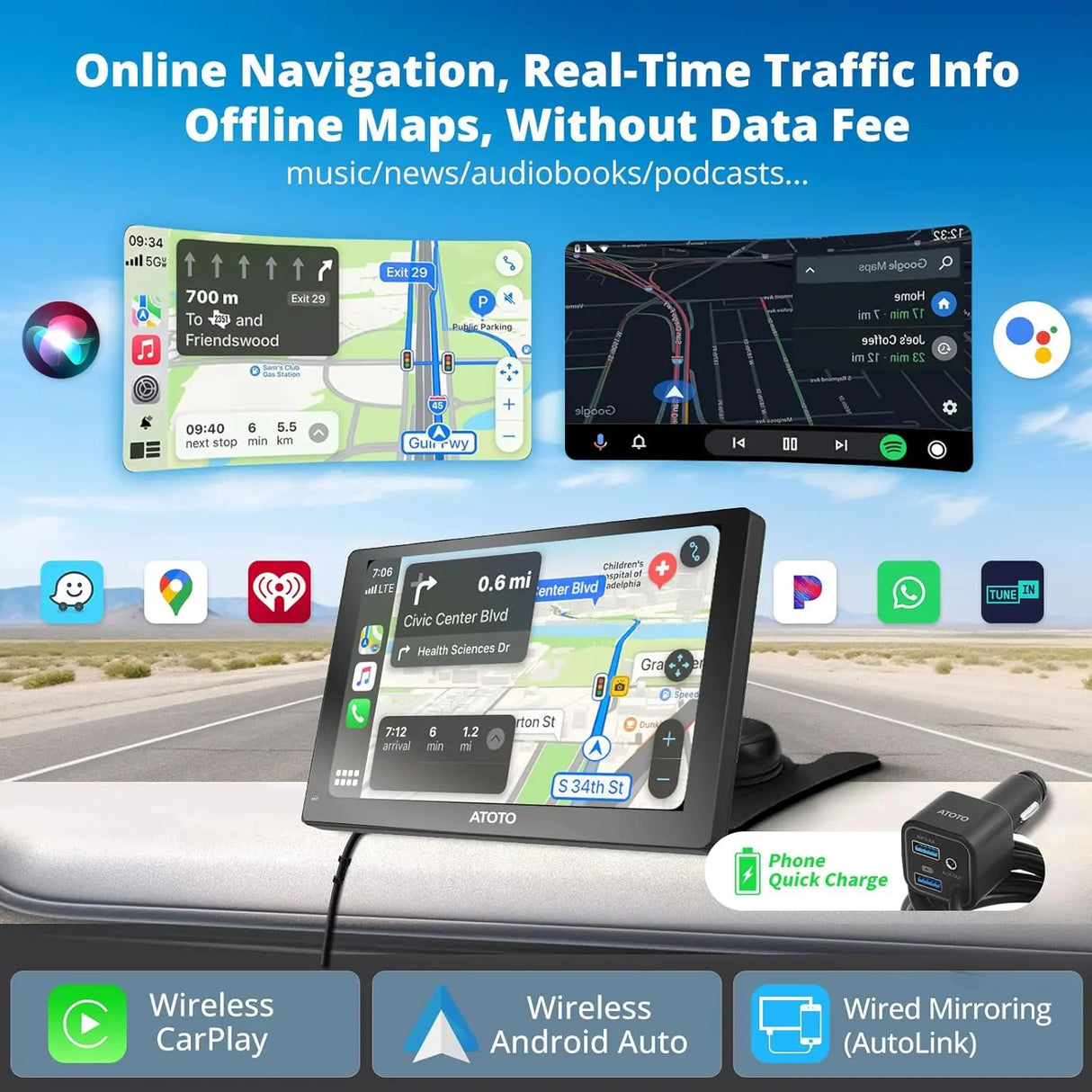 ATOTO P509SD 9″ QLED Portable CarPlay Screen with 1080P Backup Camera & Remote Control, Wireless CarPlay & Android Auto, GPS Navigation, MirrorLink & AUX/FM Output