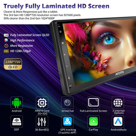 Double Din Car Stereo Android - 7in QLED Carplay Touch Screen for Car, Drivechat Based Chatgpt, Wireless Android Auto, ATOTOEXCEL A6PF, Mirrorlink, GPS navi Radio, LRV, WiFi/BT/USB (Android 7inch)