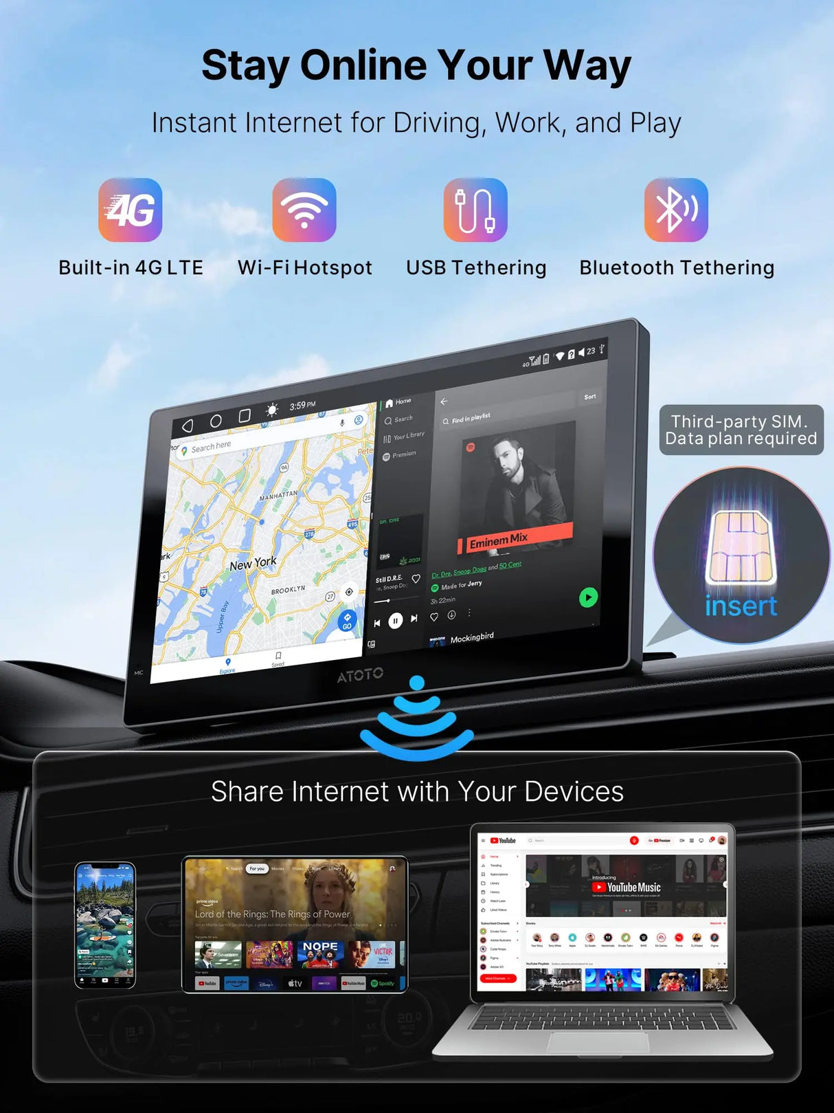 ATOTO P909PR1N-S3 9" QLED Portable Car Display – Dash Cam DVR & AHD Rear Camera Ready, Wireless CarPlay & Android Auto, Full Android, 4G LTE, Dual BT, AI Voice