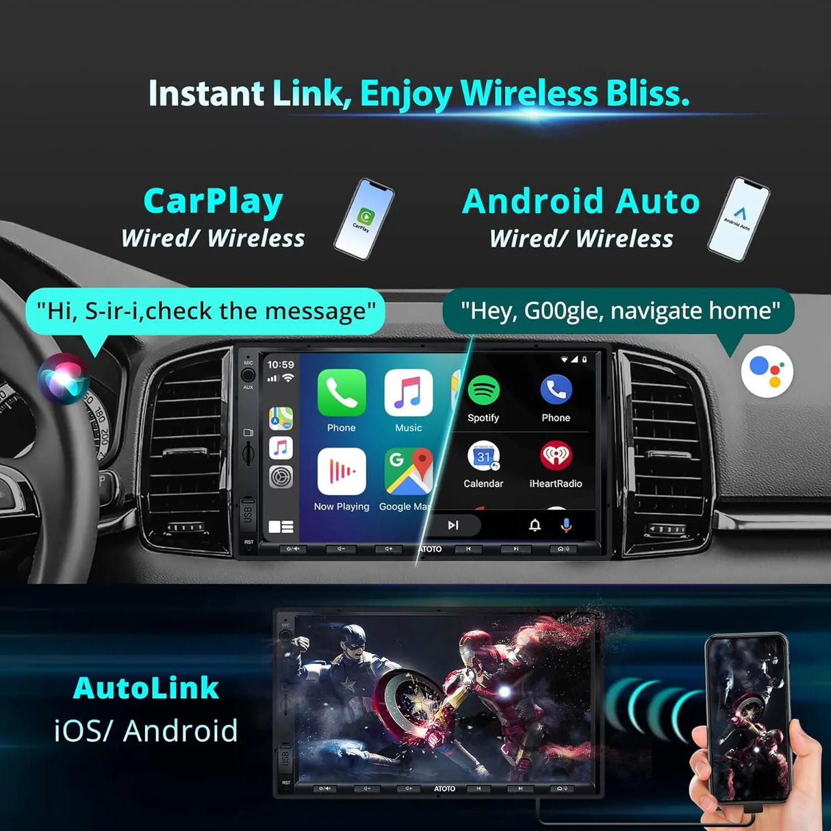 Double Din Car Stereo with Wireless CarPlay & Android Auto, 7 inch QLED CarPlay Screen for Car, SXM Ready, Quick Charge, Bluetooth Car Radio with Live Rear View, MirrorLink, USB/AUX/SWC, F7G2A7-XE-N
