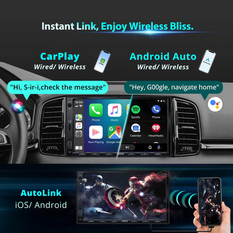 Double Din Car Stereo with Wireless CarPlay & Android Auto, 7 inch QLED CarPlay Screen for Car, SXM Ready, Quick Charge, Bluetooth Car Radio with Live Rear View, MirrorLink, USB/AUX/SWC, F7G2A7-XE-N