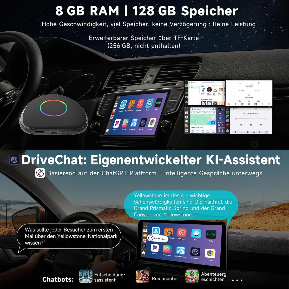 ATOTO CB6 Android Auto Wireless Adapter – CarPlay IA Box, 8GB+128GB Auto-Streaming-Box mit 4G, Dual Bluetooth, USB, integriertem GPS, KI-Assistent, microSD-Erweiterung, OTA