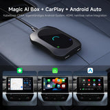 Adaptateur CarPlay Android Auto sans Fil + Système Android, 4Go + 64Go Car VideoBox avec Entrée/Sortie HDMI, 4G LTE, Double BT, DriveChat AI Voice, AI Box CarPlay pour Netflix/Youtube/TikTok/Carte TF