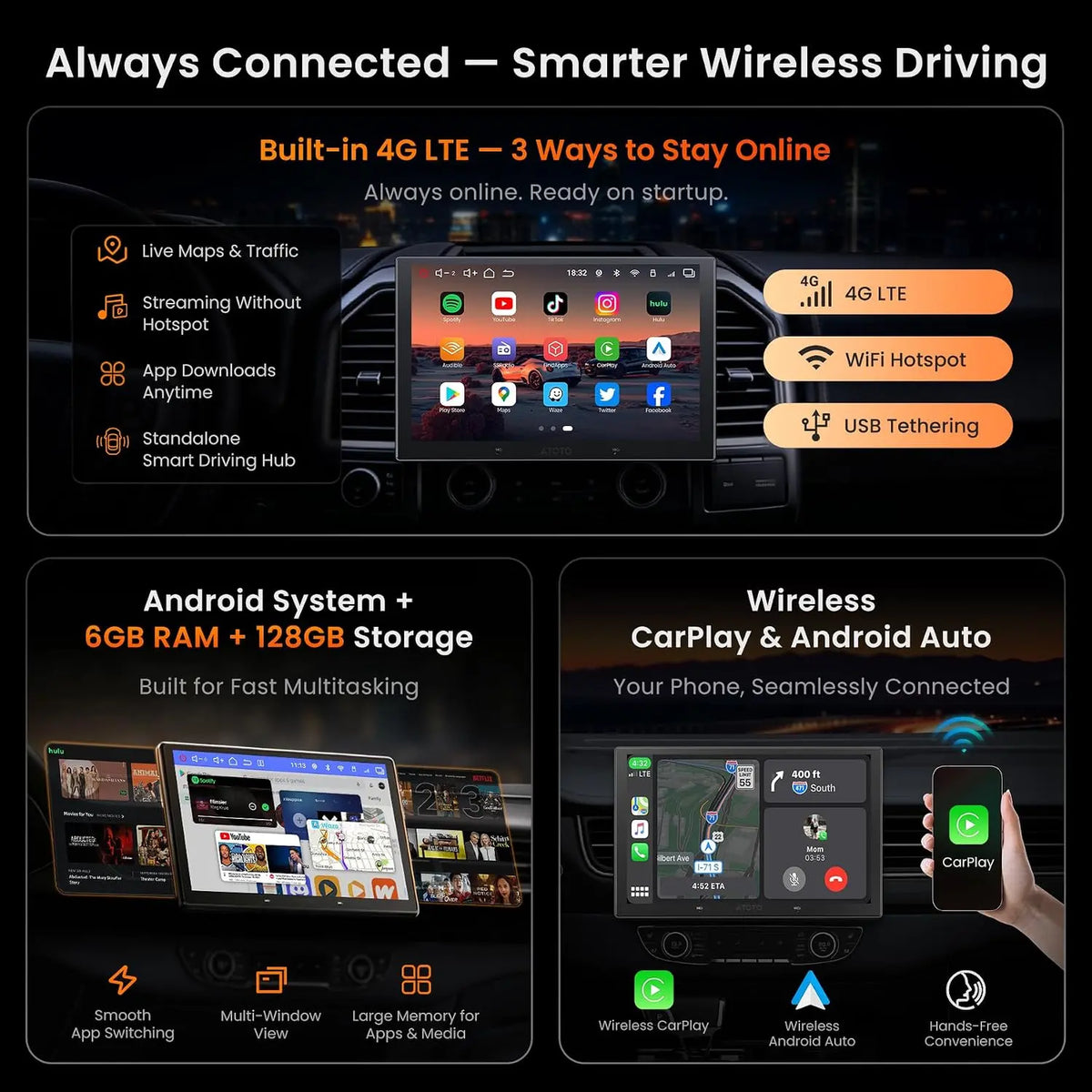 ATOTO V10 10.1" Android Single Din&Double Din Car Stereo, 6+128GB, 4G LTE