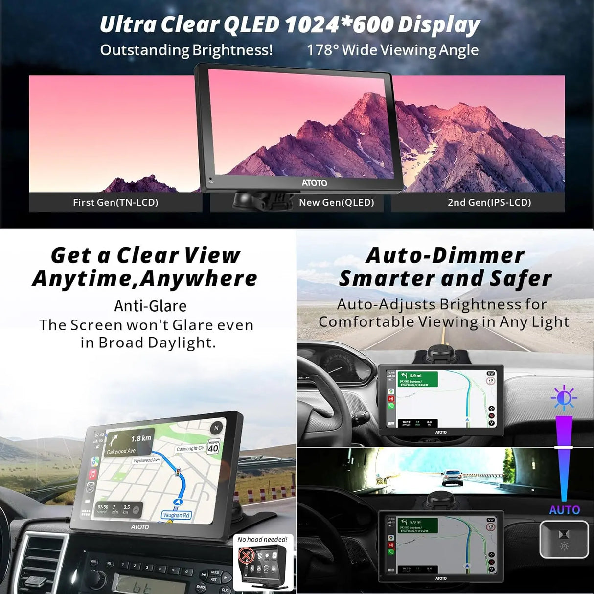 ATOTO P9 Autoradio für tragbares Android mit 7 QLED-Anschlüssen, CarPlay und Android Auto Wireless 2+32 GB, Mirror Link, GPS-Unterstützung, Bluetooth und Bluetooth, WLAN, USB, Bluetooth, HDMI-Anschluss, P907SD