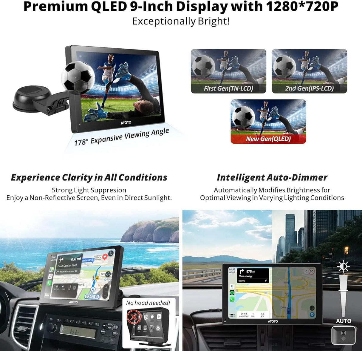 ATOTO 9" Portable Car Stereo with QLED Touchscreen, Wireless/Wired CarPlay & Android Auto, 2GB+32GB, ChatGPT AI, Fast Boot, 1280x720p Display
