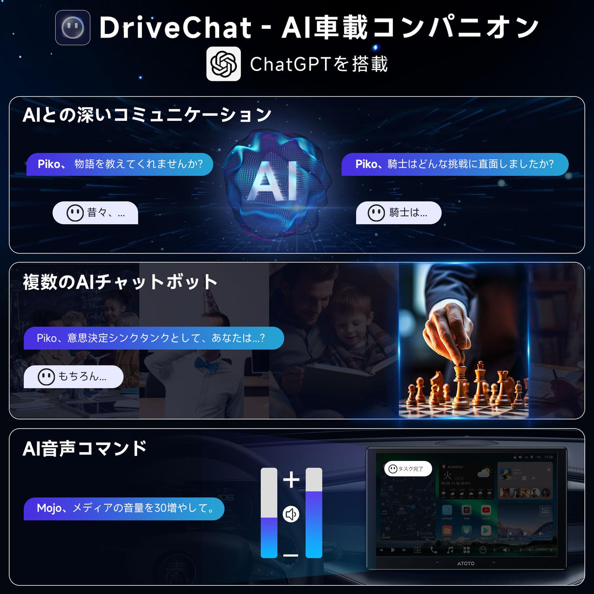 [10インチ QLED] ATOTOZONE X10 AI アンドロイドナビ，8G+128G， ダブルDINオーディオディスプレイ，デュアルカメラ入力 ，ワイヤレス Carplay & Android Auto，4G LTE，GPS トラッキング，デュアルフォン接続，2 Bluetooth, 36B-EQ，HDMI入力 ，スプリット・スクリーン