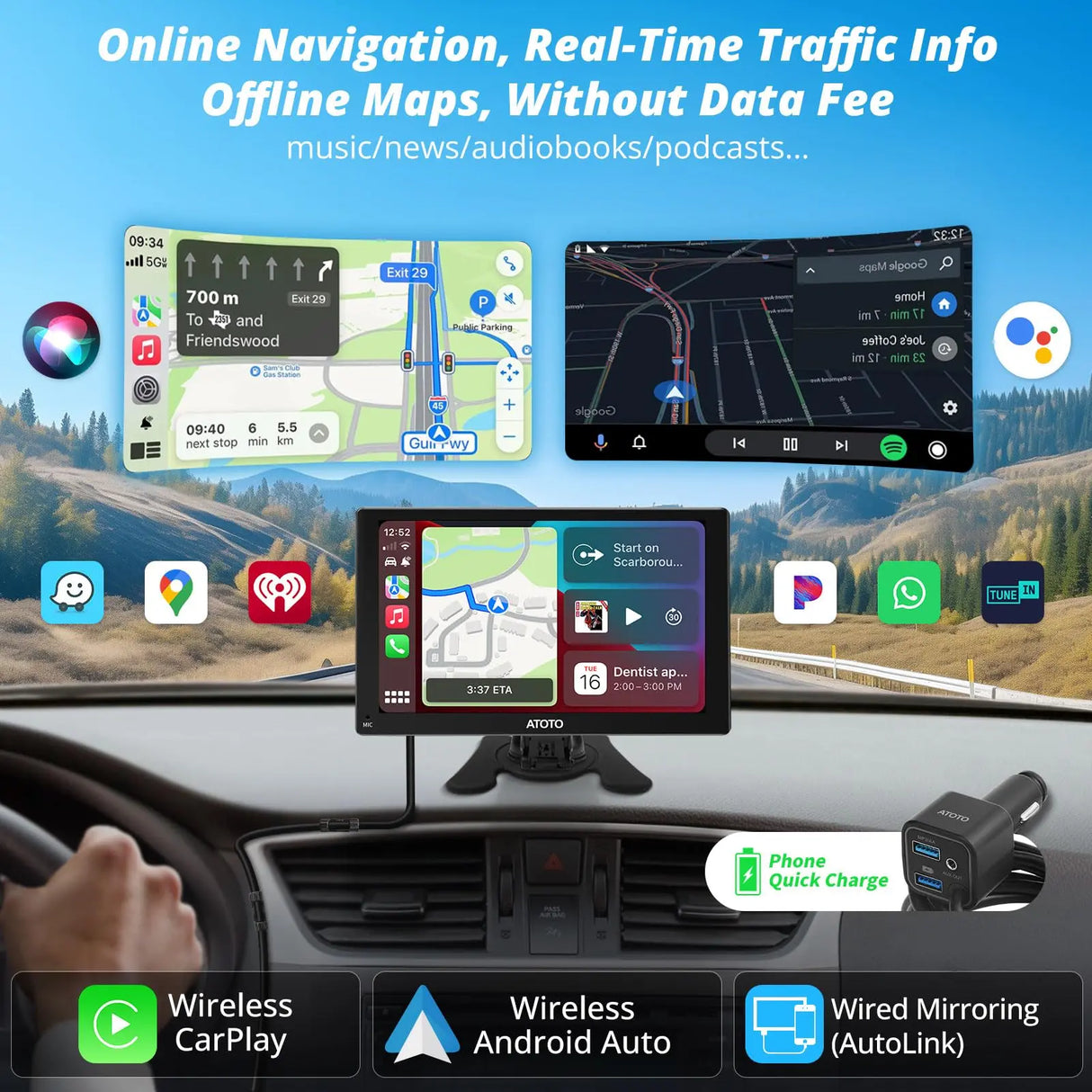 ATOTO P5 9" Portable Car Stereo, Glare-Suppressing QLED Screen, Wireless CarPlay and Android Auto, GPS Navigation, Bluetooth, AUX/FM Output, Phone Mirroring, Voice Assistant