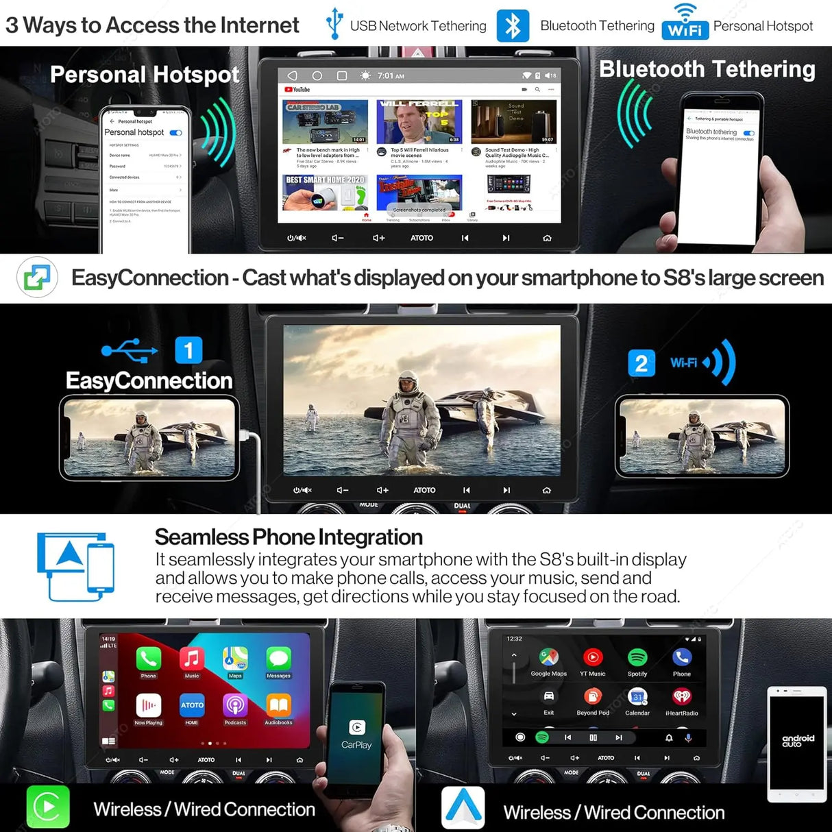 ATOTO S8G2114PM 2nd Gen Android Car Stereo with 10.1" QLED Display, Dual Bluetooth and Wi-Fi, Speed Compensated Volume Control, 6 Touch Gestures, and USB Tethering