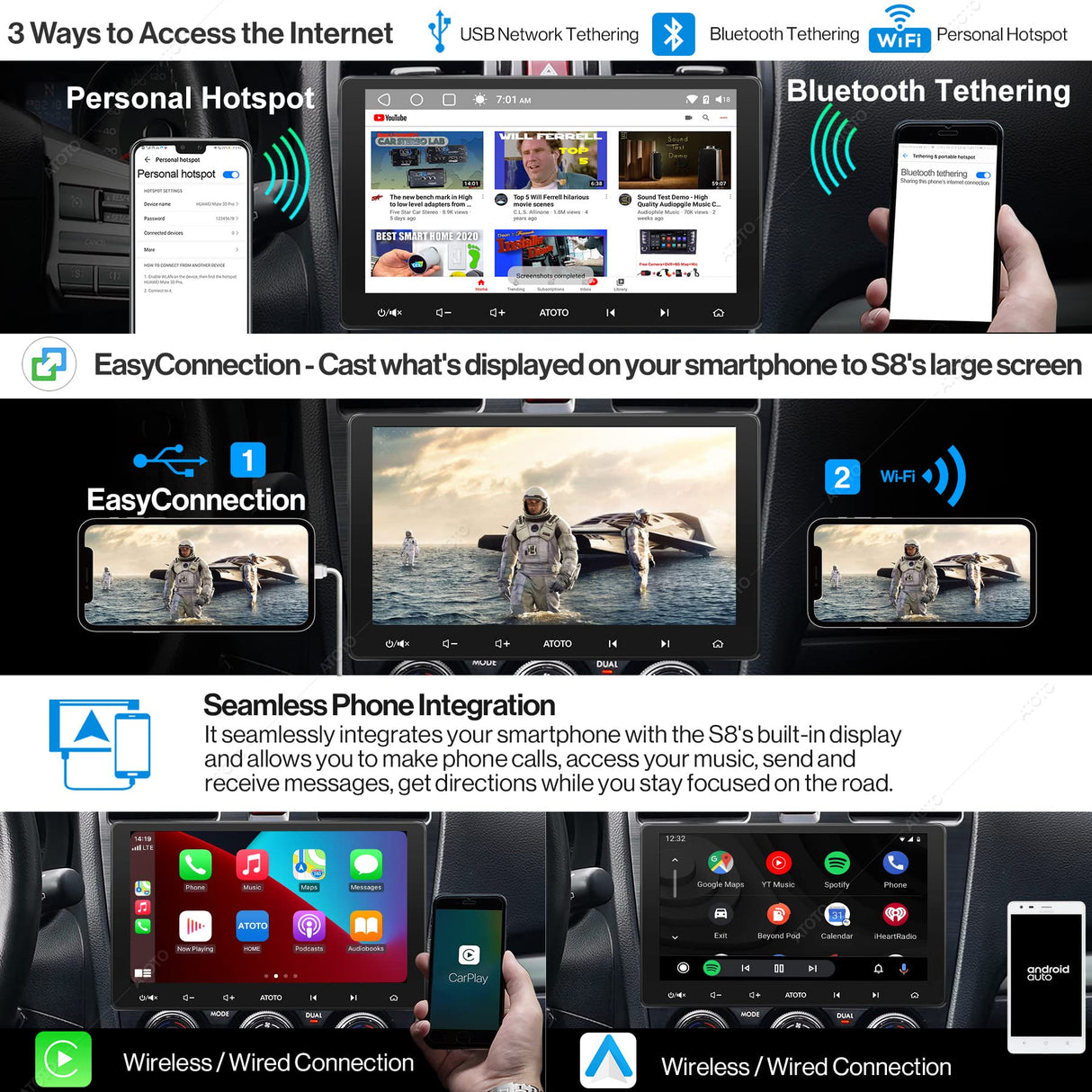 ATOTO S8G2114PM 2nd Gen Android Car Stereo with 10.1" QLED Display, Dual Bluetooth and Wi-Fi, Speed Compensated Volume Control, 6 Touch Gestures, and USB Tethering