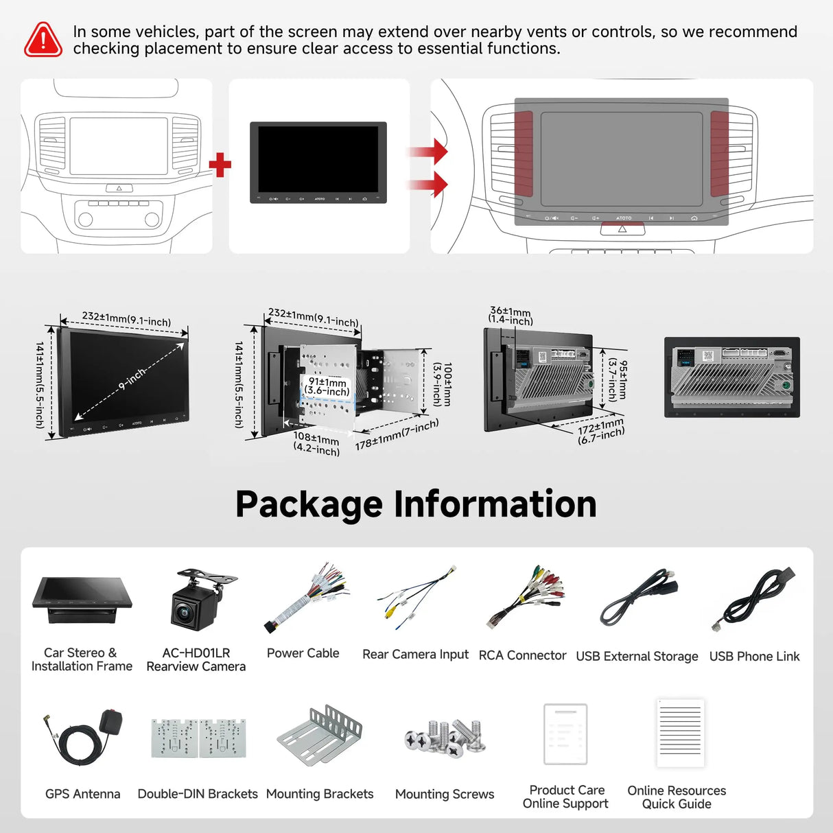 ATOTO A5LG209T 9" Double DIN Car Stereo, Touchscreen, Backup Camera, 2+32G, Wireless CarPlay and Android Auto, GPS, WiFi, Bluetooth, 24-Band EQ, USB