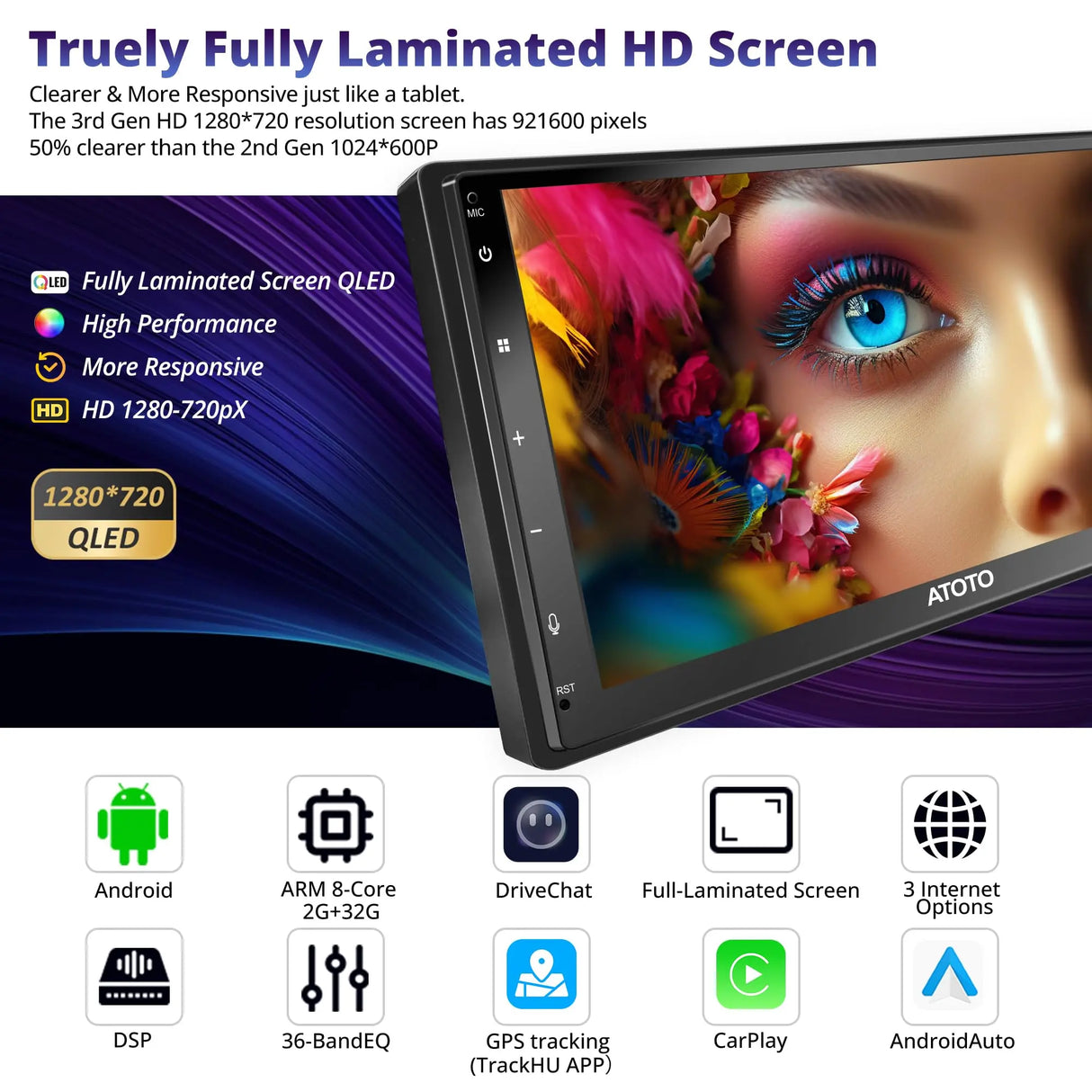 ATOTOEXCEL A6PF 7 inch Android Double DIN Car Stereo, Wireless CarPlay&Android Auto, 8 Core QLED Touchscreen DAB+ Radio 2G+32G, WiFi/BT/USB Tethering, 32-band EQ/DSP, Dual BT, AI Drivechat, LRV/GPS