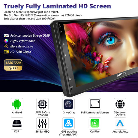 ATOTOEXCEL A6PF 7 inch Android Double DIN Car Stereo, Wireless CarPlay&Android Auto, 8 Core QLED Touchscreen DAB+ Radio 2G+32G, WiFi/BT/USB Tethering, 32-band EQ/DSP, Dual BT, AI Drivechat, LRV/GPS