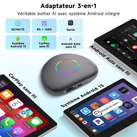 ATOTO boîtier CarPlay IA CB6 – Dongle WIFI con Mini OBD II, Android Auto y CarPlay inalámbrico, 8GB+128GB, Streaming para coche con 4G, Wi-Fi, Doble Bluetooth, USB, GPS integrado, Asistente IA, microSD, OTA