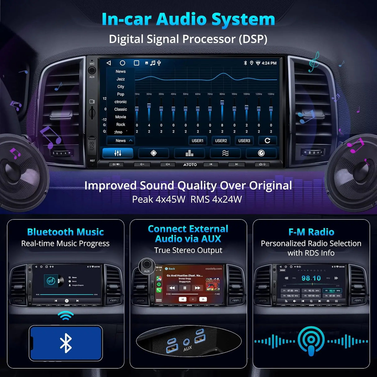ATOTO A5LG2A7T Autoradio 2 DIN 7 Pouces avec Caméra Frontale DVR 1080P, Android, Wireless CarPlay & Android Auto sans fil, 2+32G, Égaliseur 24 bandes, Tethering WiFi/BT, FM/AM
