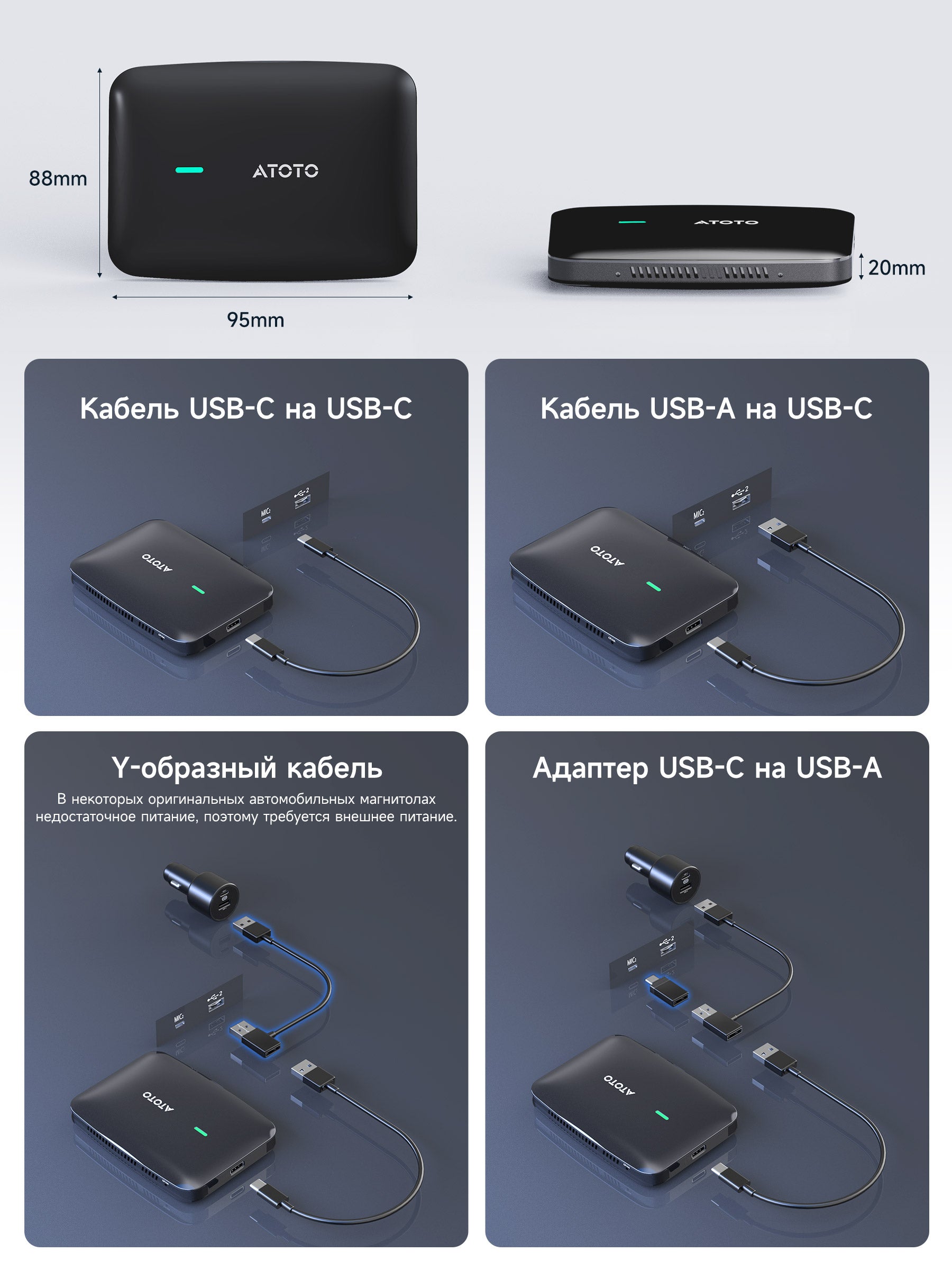 ATOTO CB4B Беспроводной адаптер CarPlay, AI Box, двойной WiFi, 4ГБ