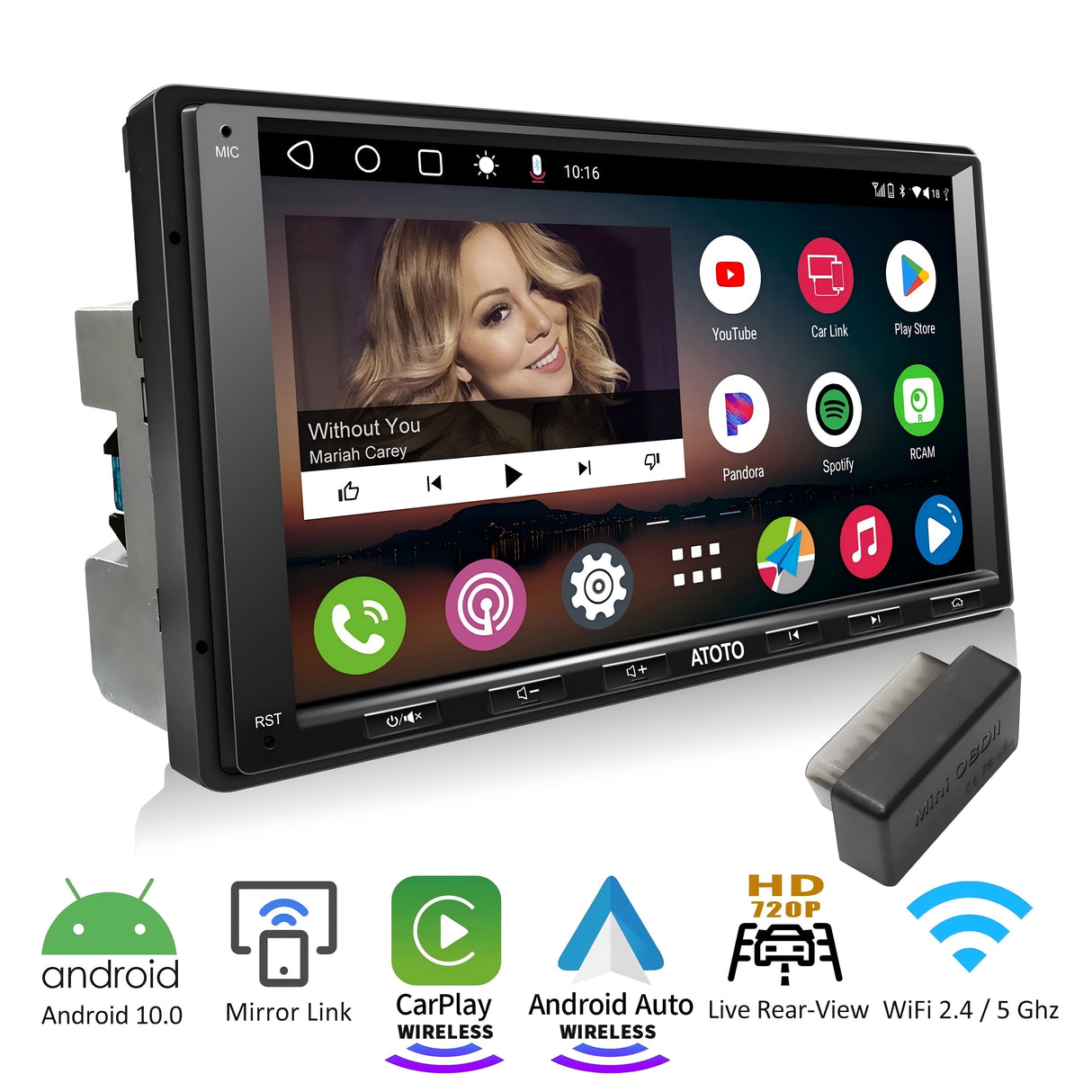 ATOTO A6PF 7inch 2G+32G Android Double Din Car Stereo with Bluetooth OBDII Car Diagnostic Scanner Tool,Wireless Carplay&Wireless Android Auto with GPS Track/Mirror Link/HD LRV