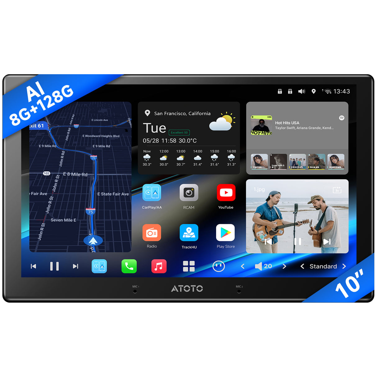 ATOTO Car Stereo 8G+128G Double Din Radio,10 inch QLED AI Android , Wireless Carplay & Android Auto, 4G LTE, Dual Noise Cancellation Mic, 2 Phone Connection, HDMI Input，GPS Tracker
