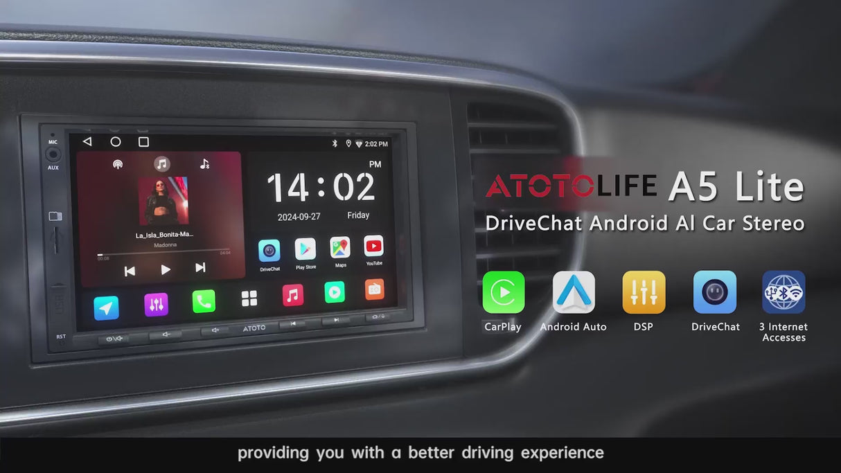 ATOTO A5LG2A7T 7" Double Din Car Stereo, 2G+32G In-Dash Navigation, Wireless CarPlay and Android Auto, WiFi, USB, Bluetooth, Built-in Amp and DSP, AI Chat, Split Screen, SWC, FM