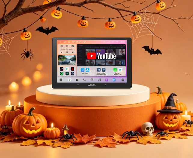 ATOTO stereo with Halloween pumpkins